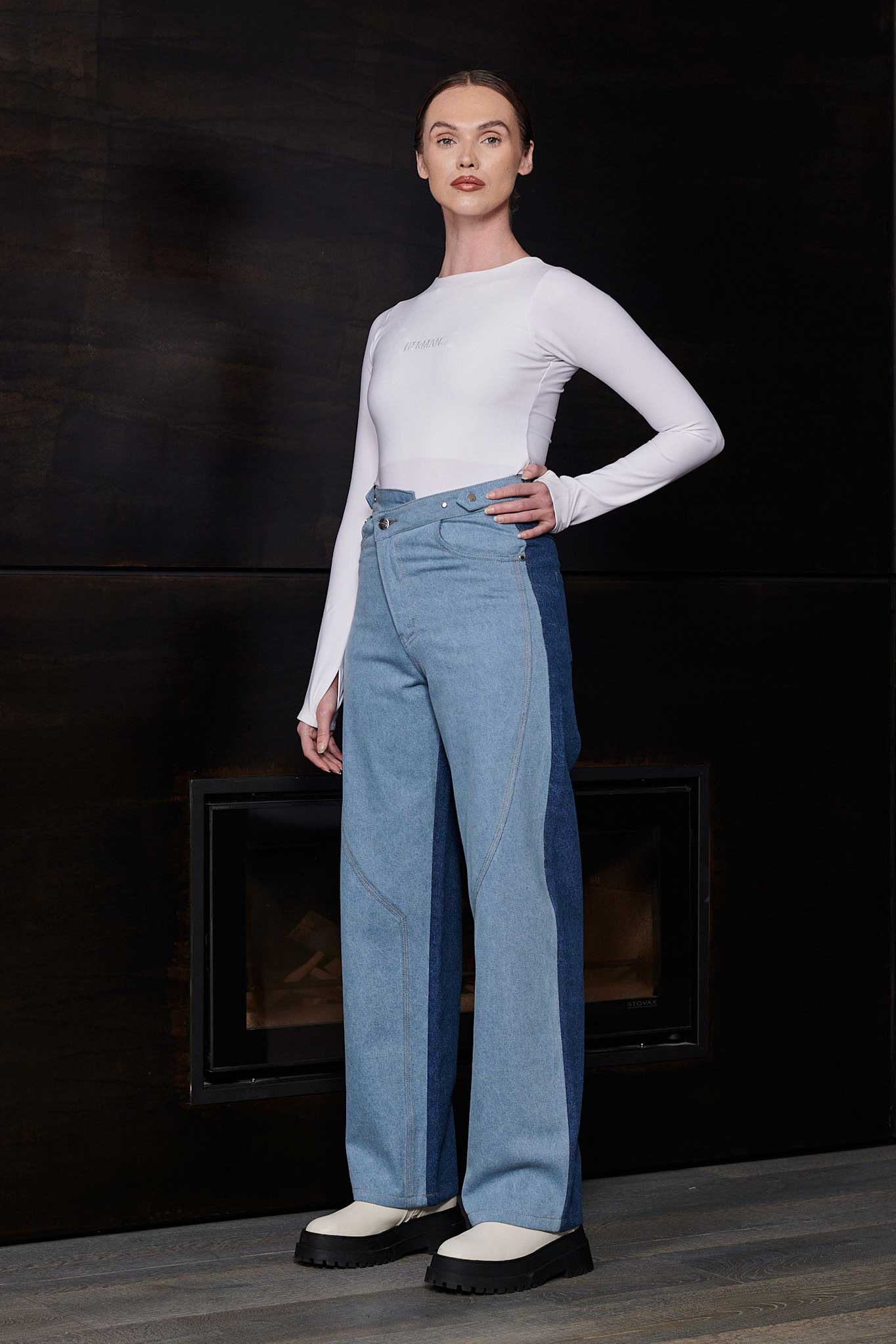 HIGH WAISTED PATCHED WIDE LEG JEANS - LIGHT BLUE