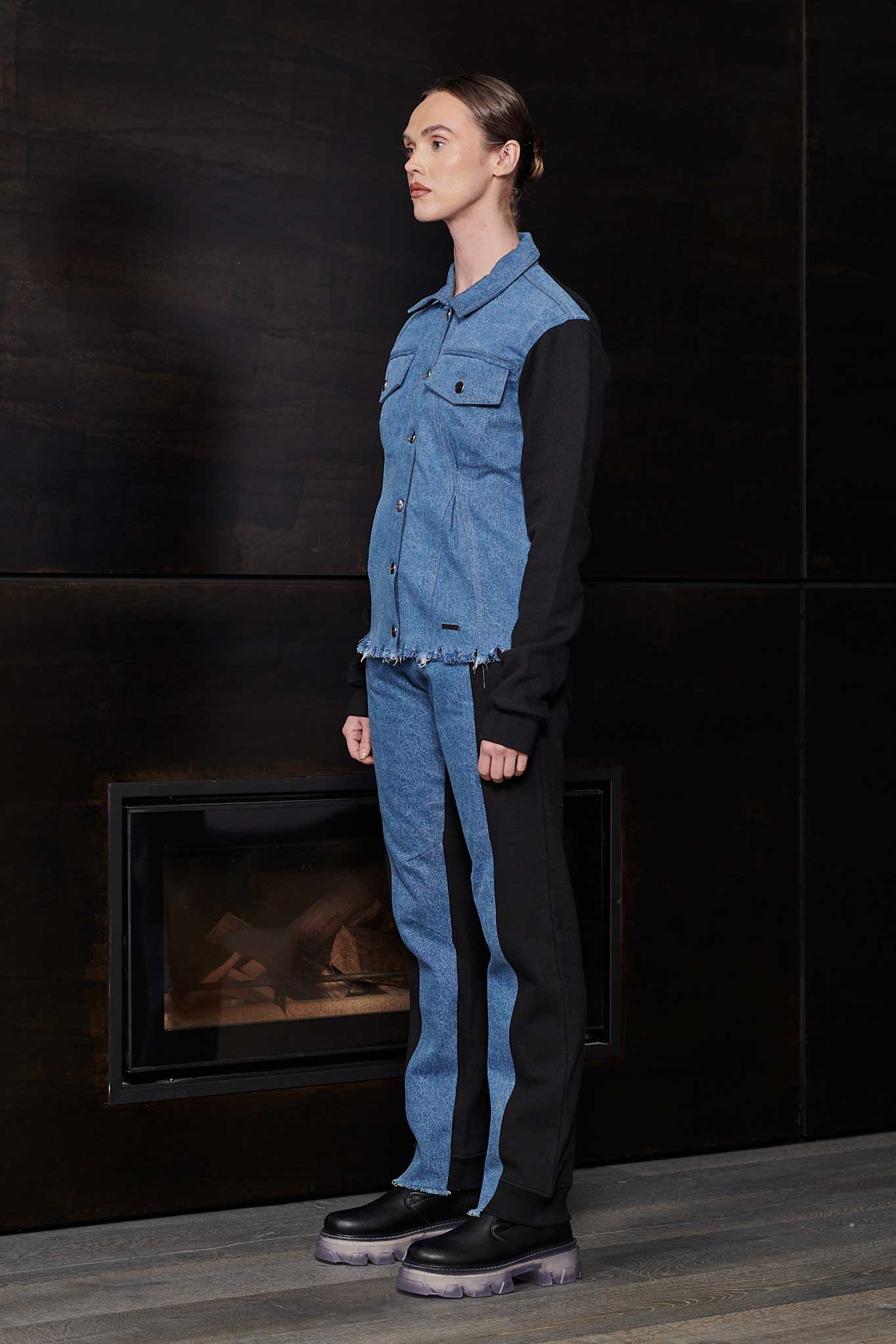 FLEECE WITH DENIM TAPERED JACKET - BLUE