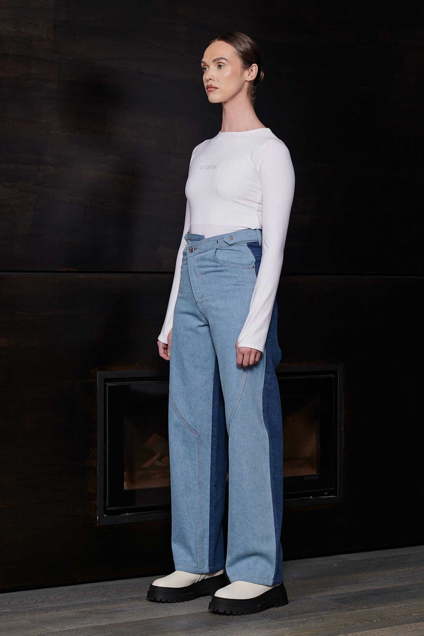 HIGH WAISTED PATCHED WIDE LEG JEANS - LIGHT BLUE