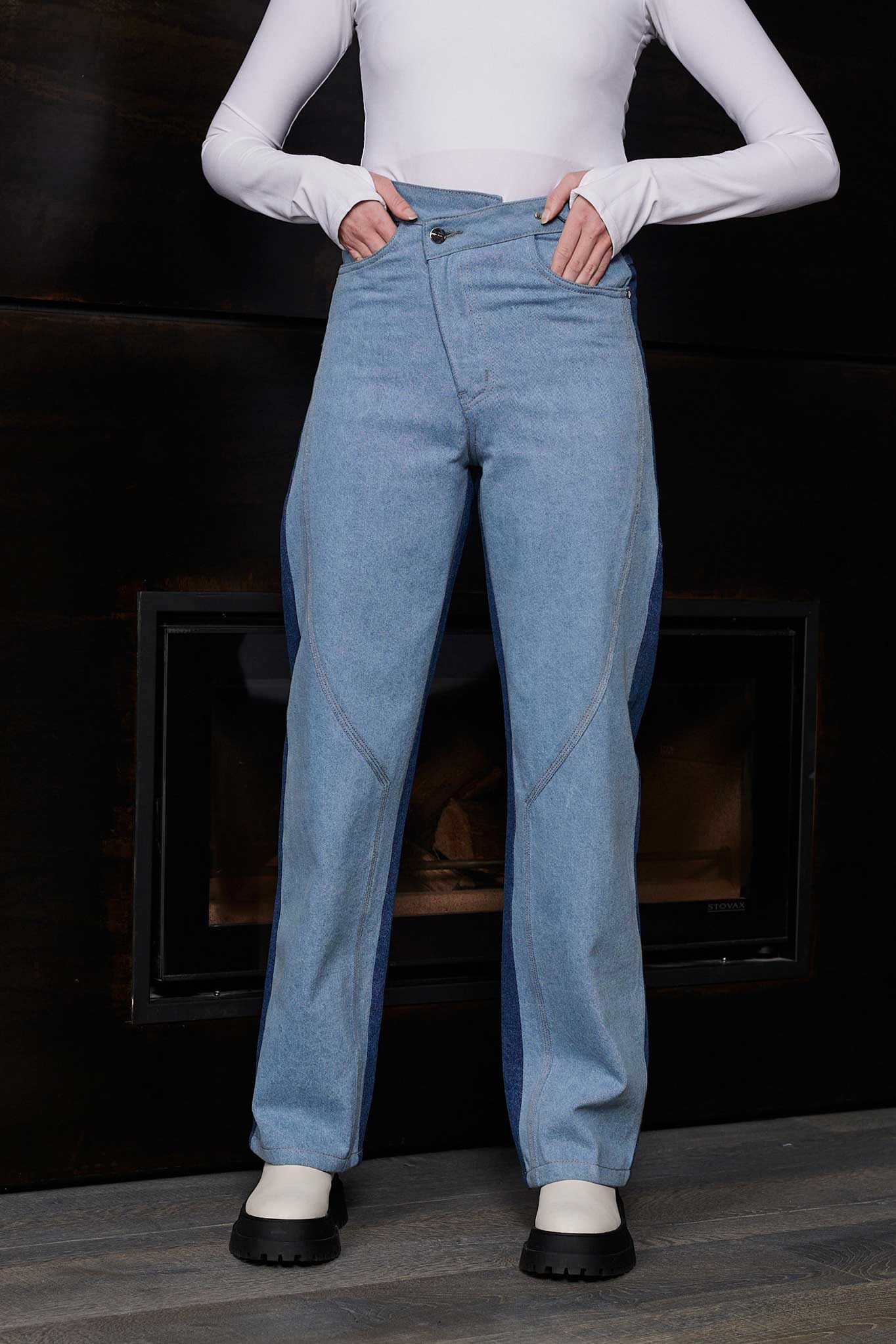 HIGH WAISTED PATCHED WIDE LEG JEANS - LIGHT BLUE
