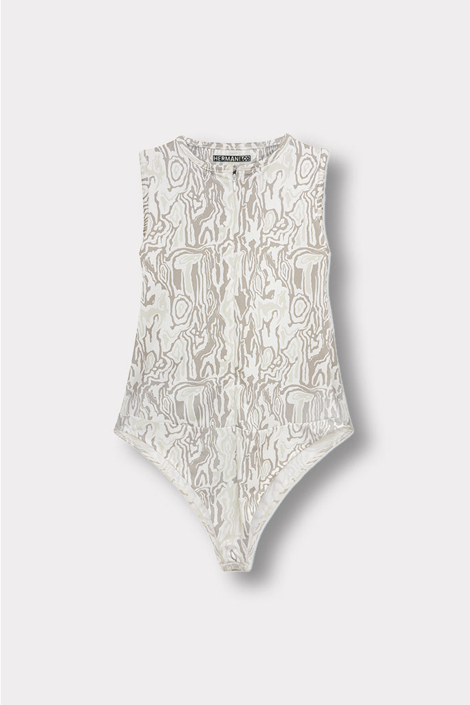 PRINTED RACER NECK BODYSUIT - LIGHT GREY