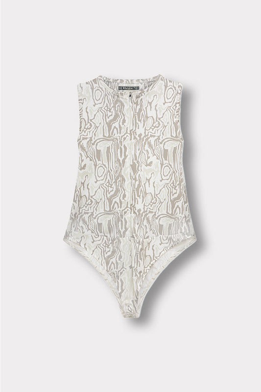PRINTED RACER NECK BODYSUIT - LIGHT GREY