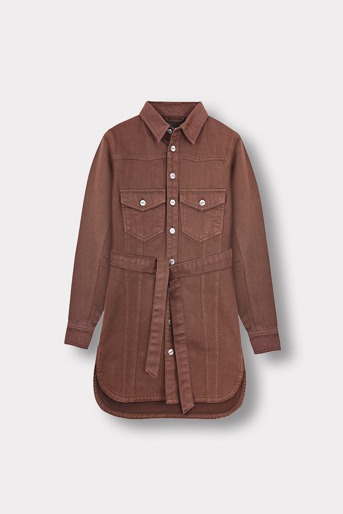 BELTED DENIM SHIRT DRESS - BROWN