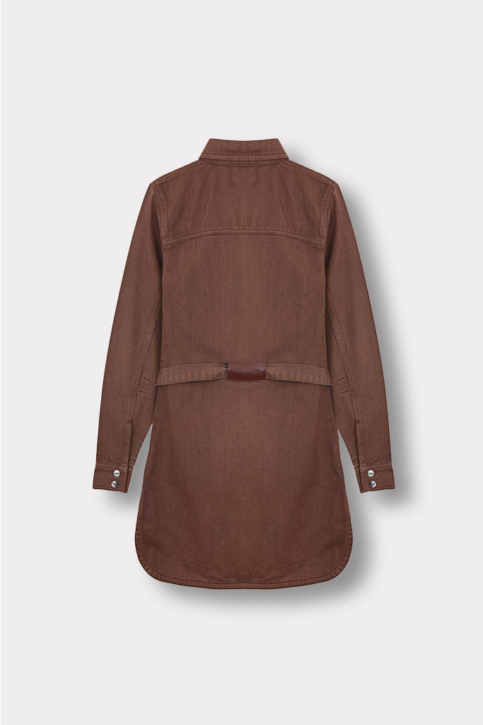 BELTED DENIM SHIRT DRESS - BROWN