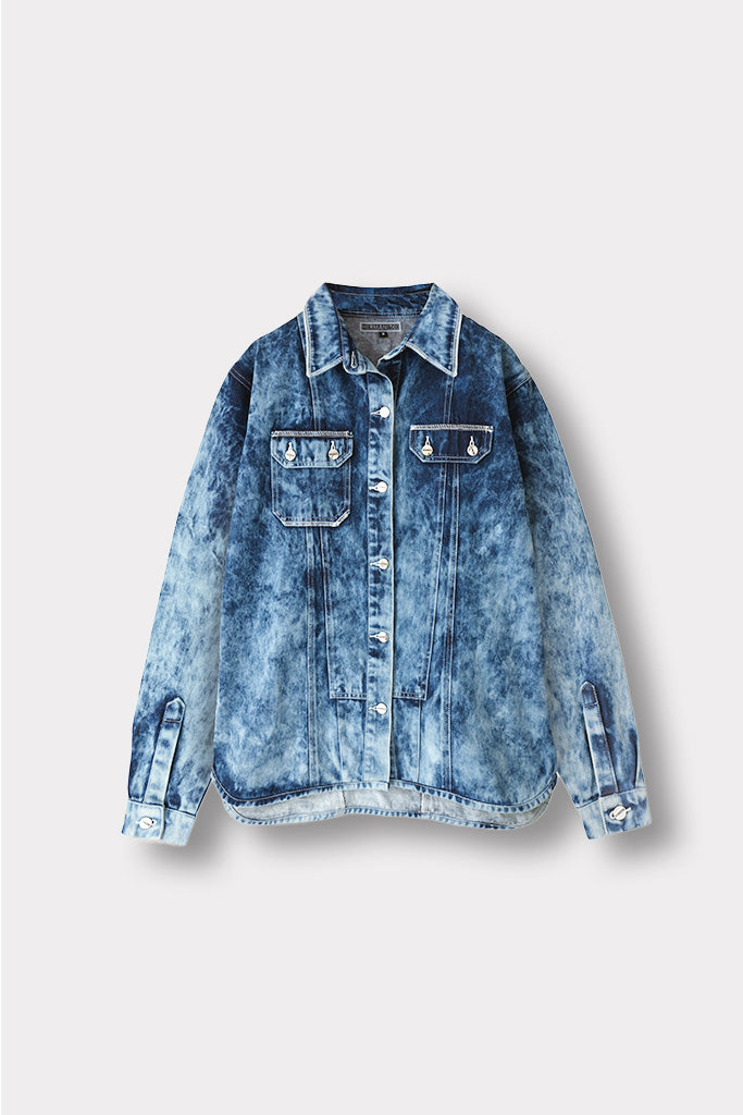 OVERSIZED ACID WASH DENIM SHIRT DRESS - BLUE