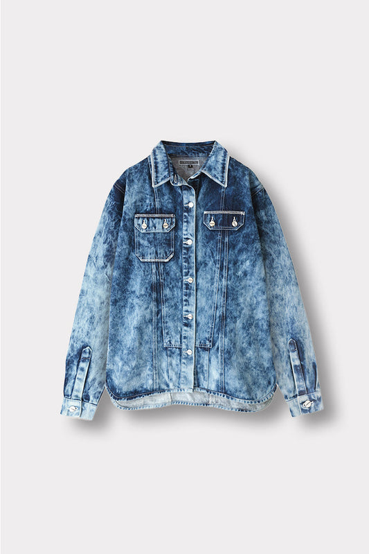 OVERSIZED ACID WASH DENIM SHIRT DRESS - BLUE