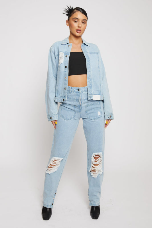 DISTRESSED DENIM JACKET - LIGHT BLUE