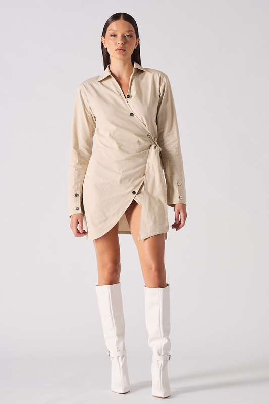 COTTON ASYMMETRIC SHIRT DRESS - BEIGE