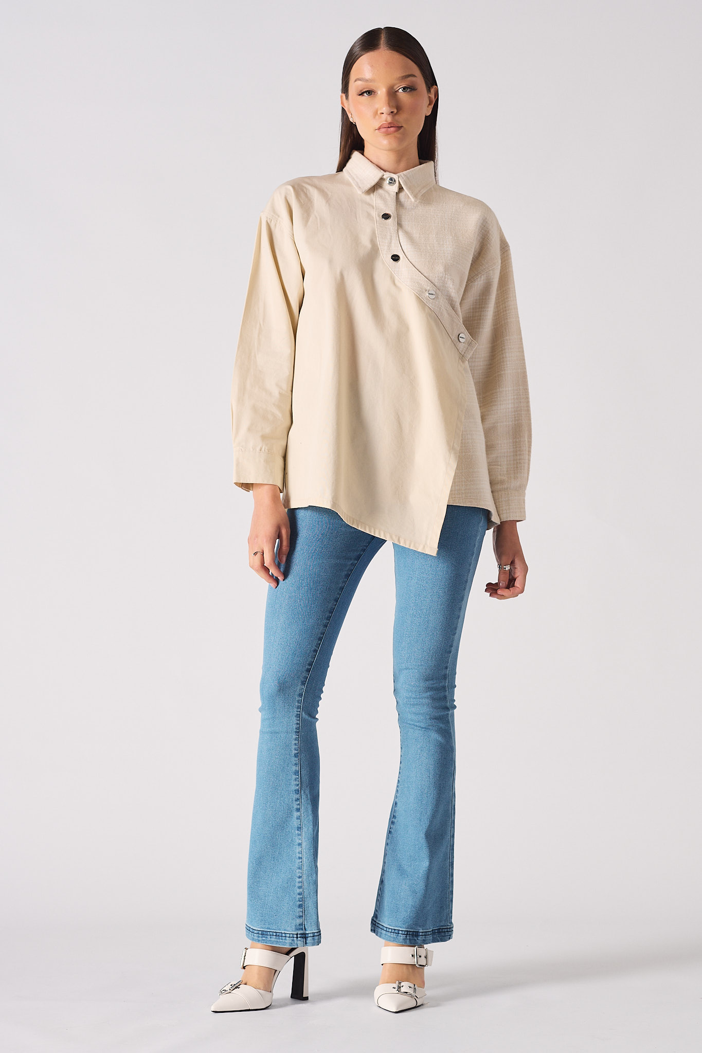 COTTON AND CHECK ASYMMETRIC SHIRT - BEIGE
