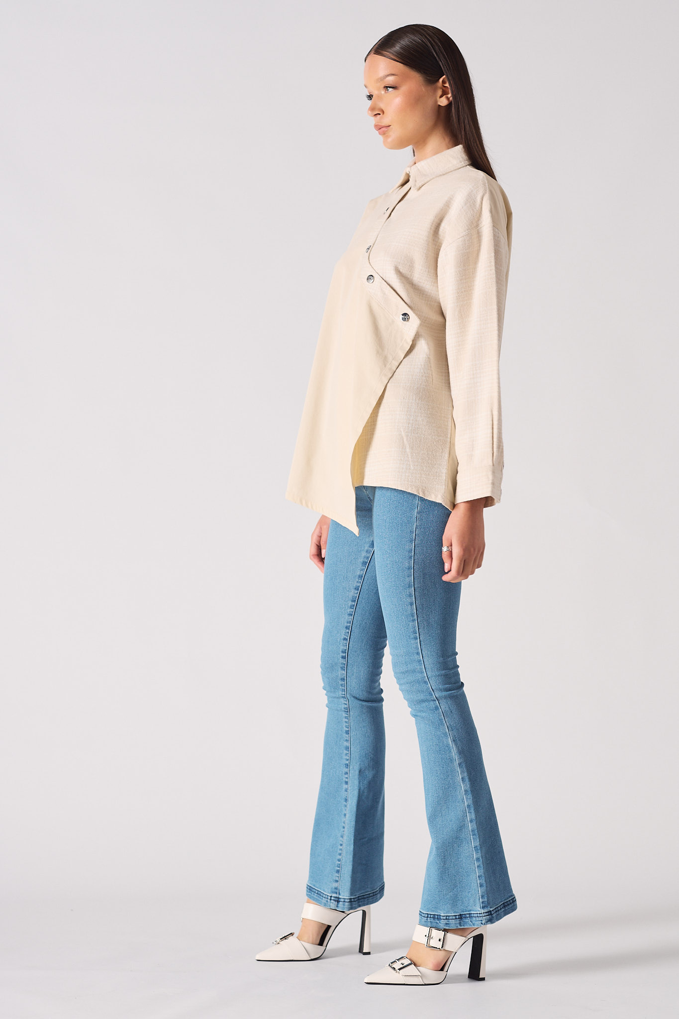 COTTON AND CHECK ASYMMETRIC SHIRT - BEIGE