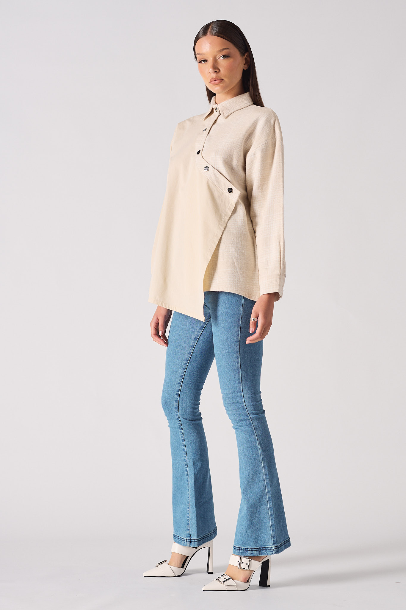 COTTON AND CHECK ASYMMETRIC SHIRT - BEIGE