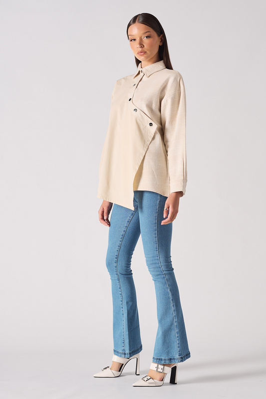 COTTON AND CHECK ASYMMETRIC SHIRT - BEIGE