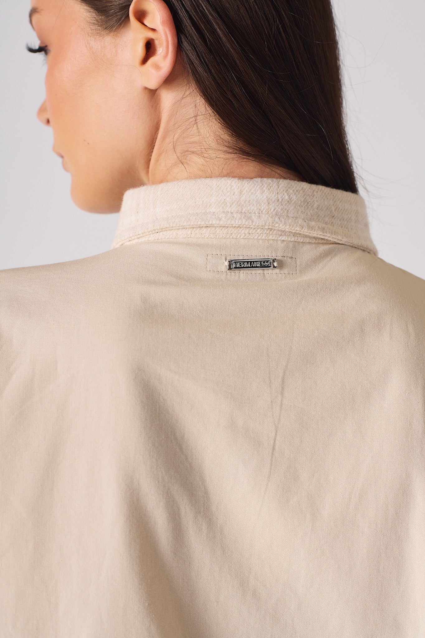 COTTON AND CHECK ASYMMETRIC SHIRT - BEIGE