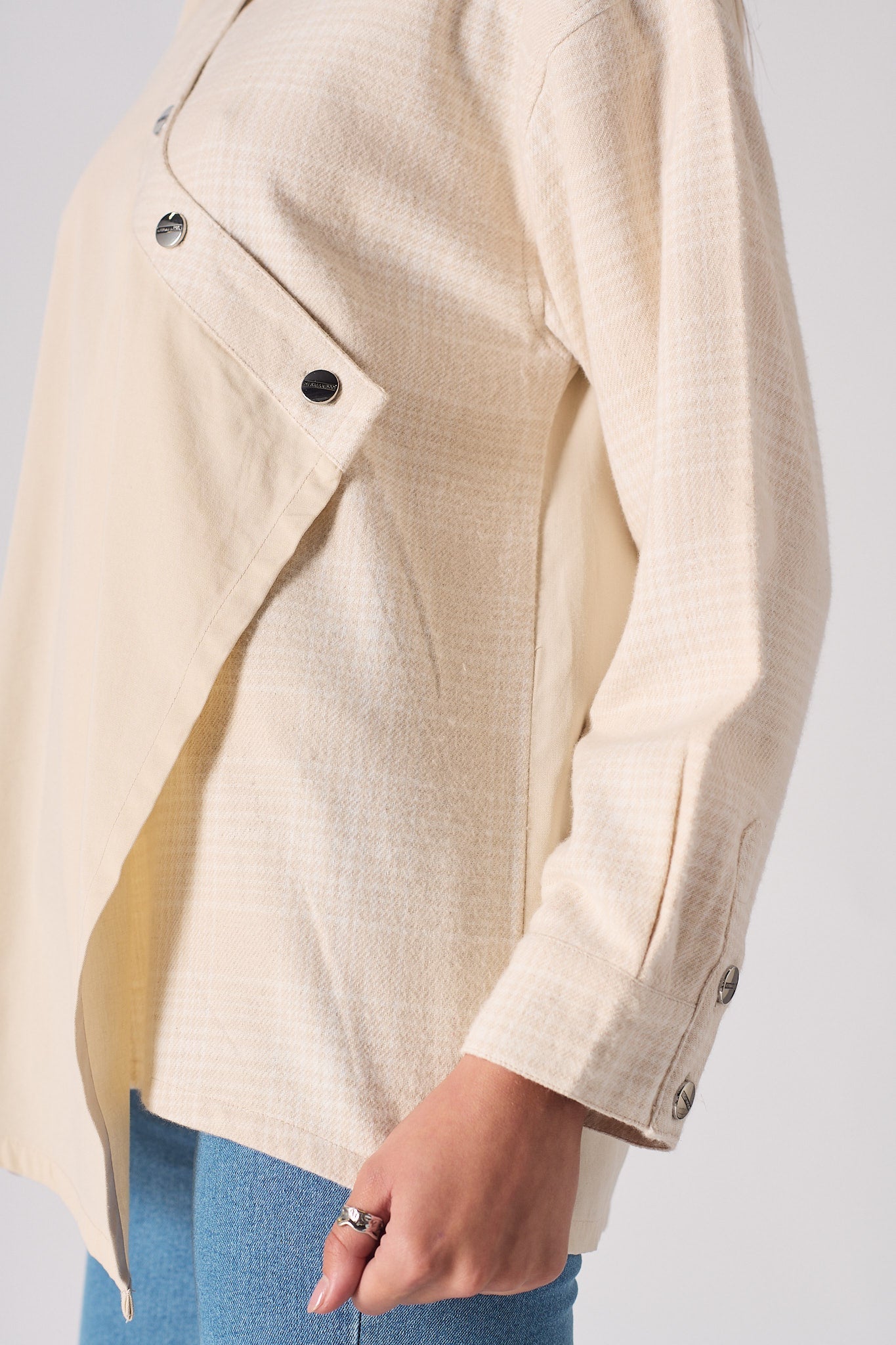 COTTON AND CHECK ASYMMETRIC SHIRT - BEIGE