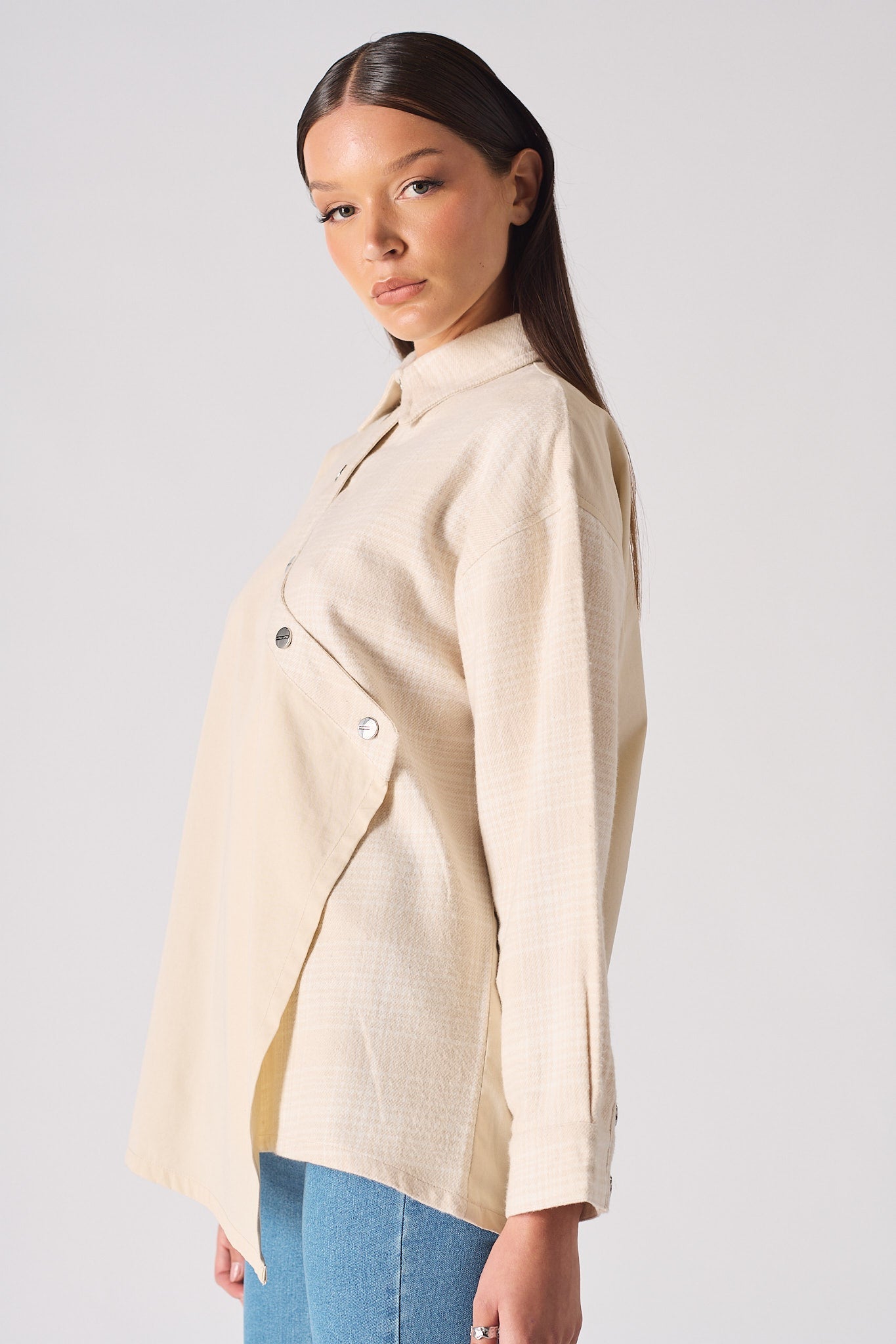 COTTON AND CHECK ASYMMETRIC SHIRT - BEIGE
