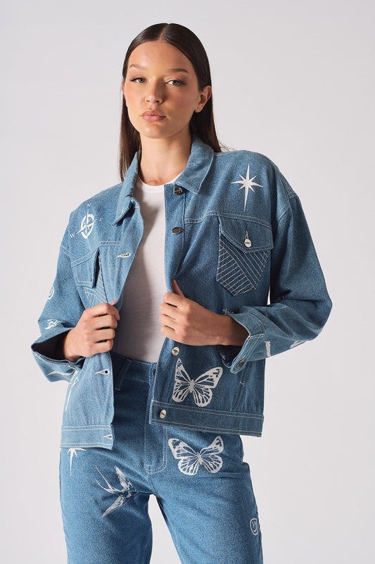 Printed Denim jacket - Light blue