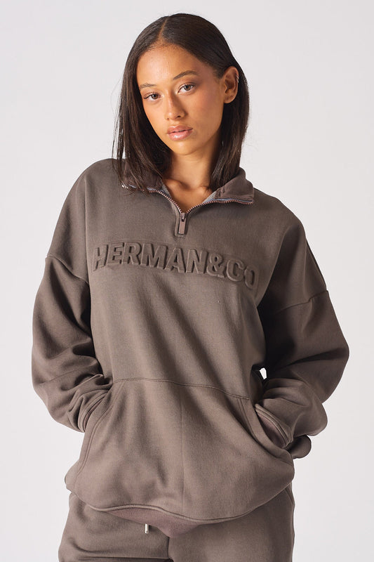 HERMAN ZIP NECK SWEATSHIRT - BROWN