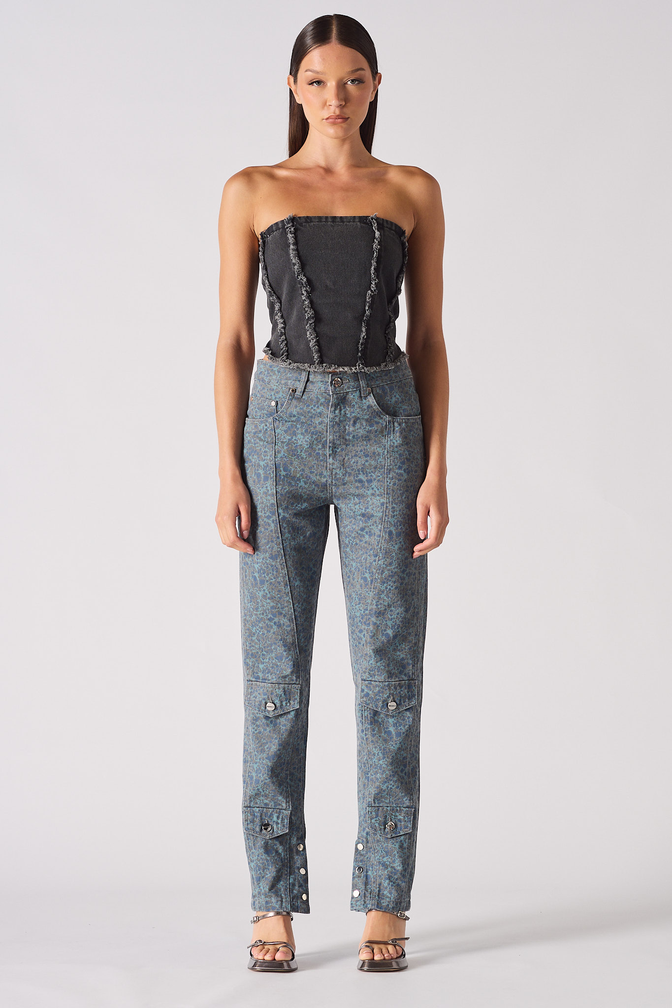 DISTRESS TEXTURED DENIM CORSET - BLACK WASH