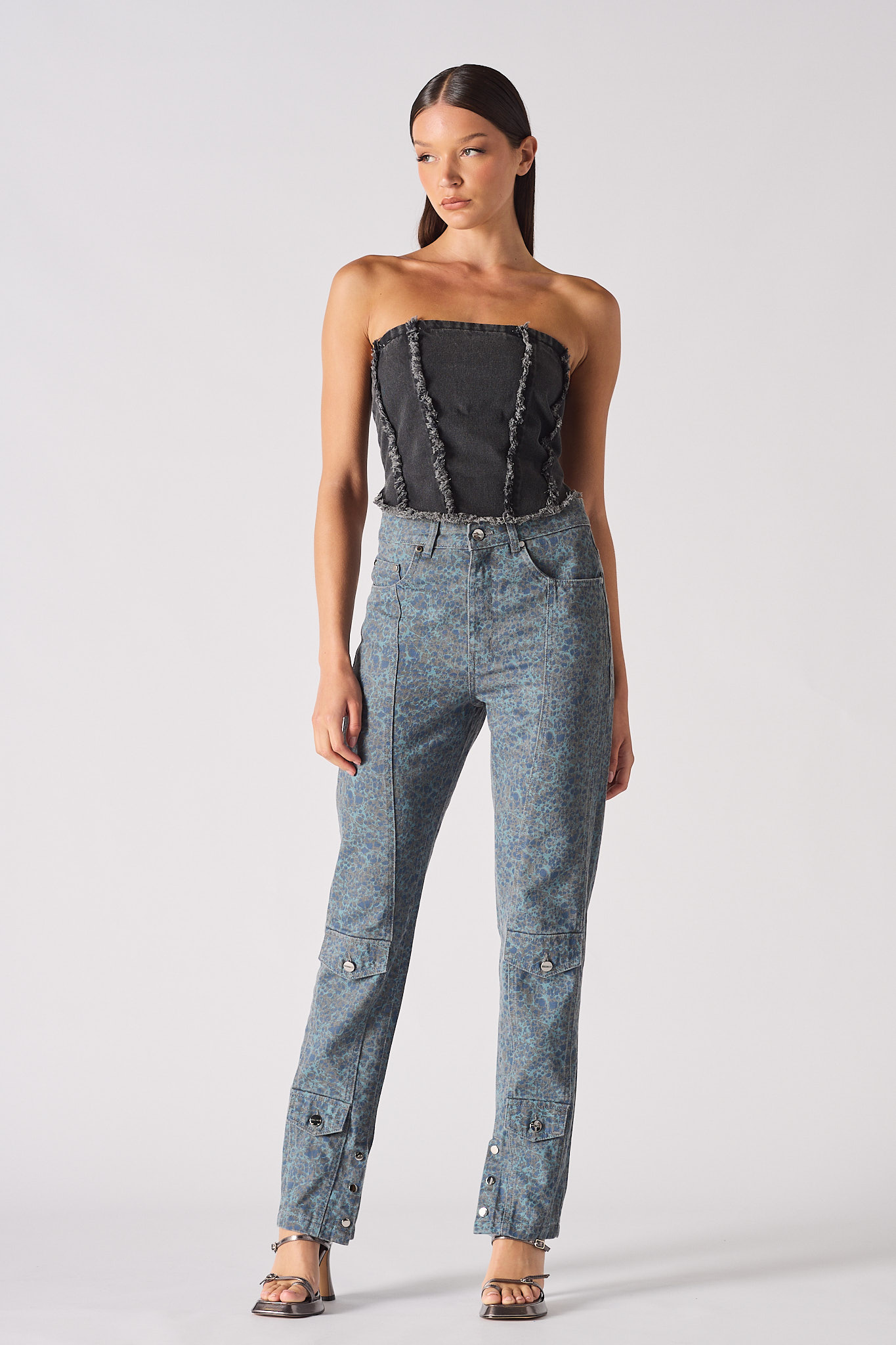 DISTRESS TEXTURED DENIM CORSET - BLACK WASH