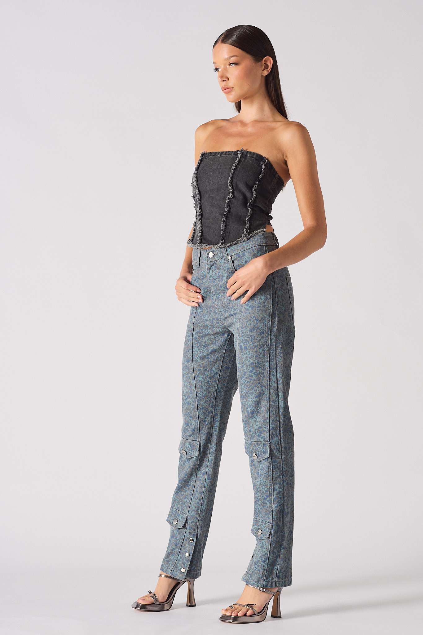 DISTRESS TEXTURED DENIM CORSET - BLACK WASH