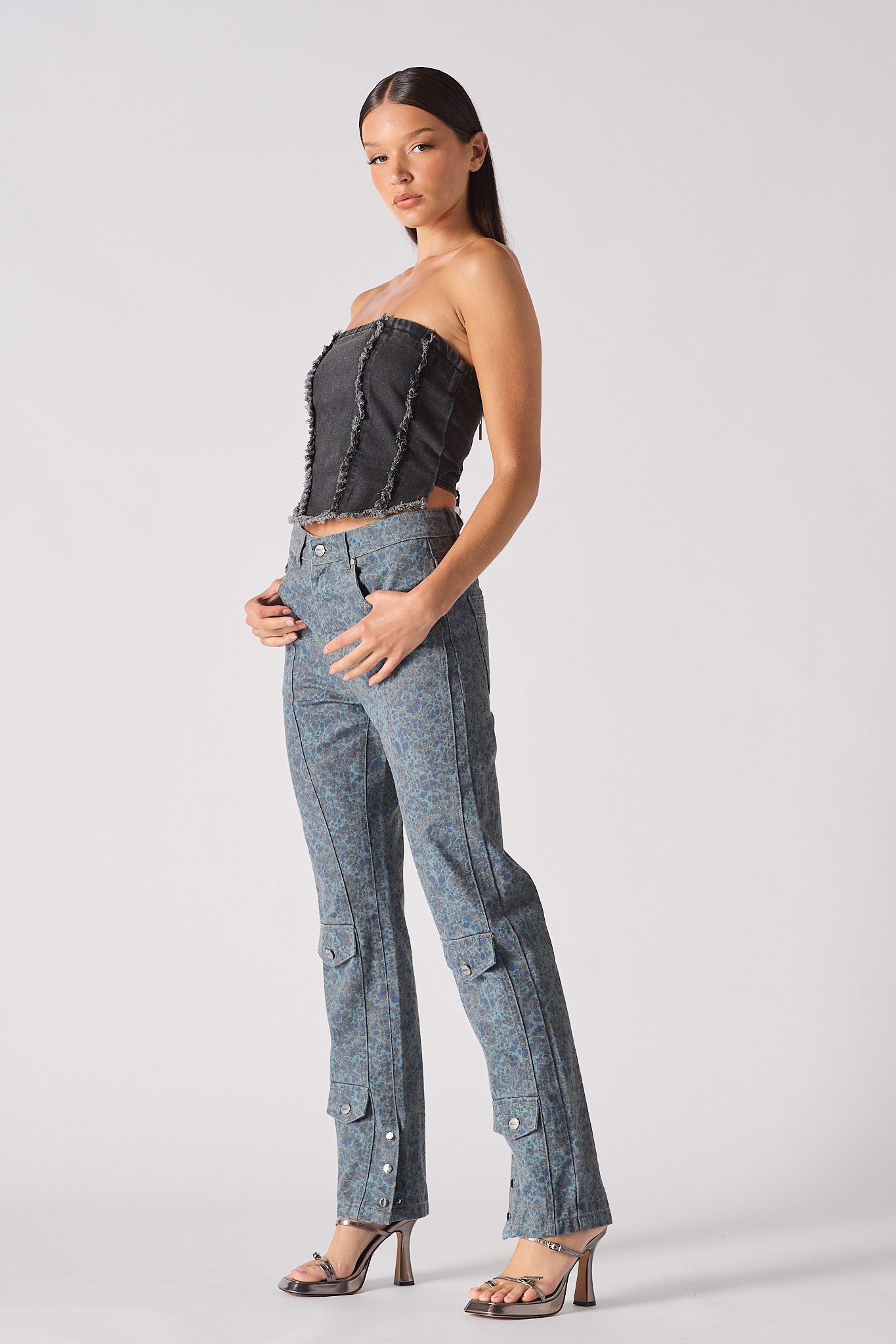 DISTRESS TEXTURED DENIM CORSET - BLACK WASH