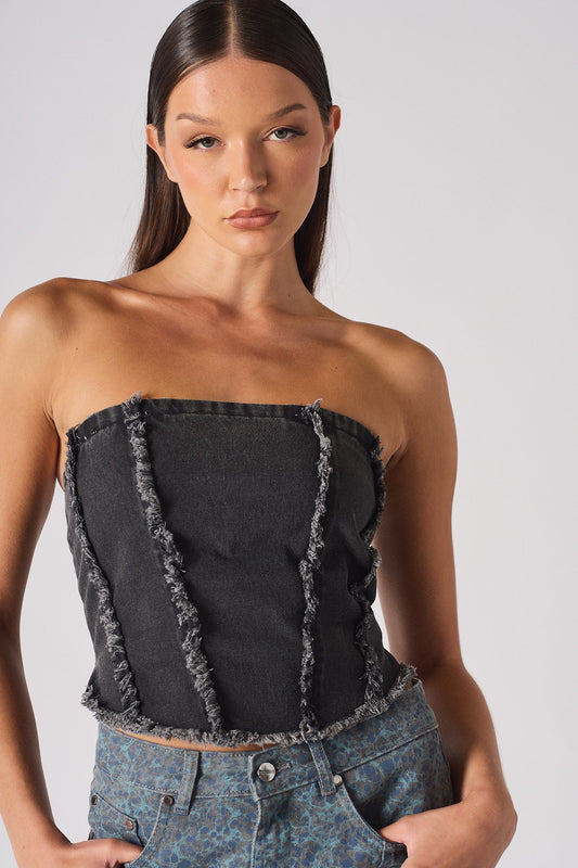 DISTRESS TEXTURED DENIM CORSET - BLACK WASH