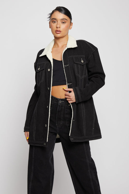 SHERPA OVERSIZED DENIM JACKET - BLACK