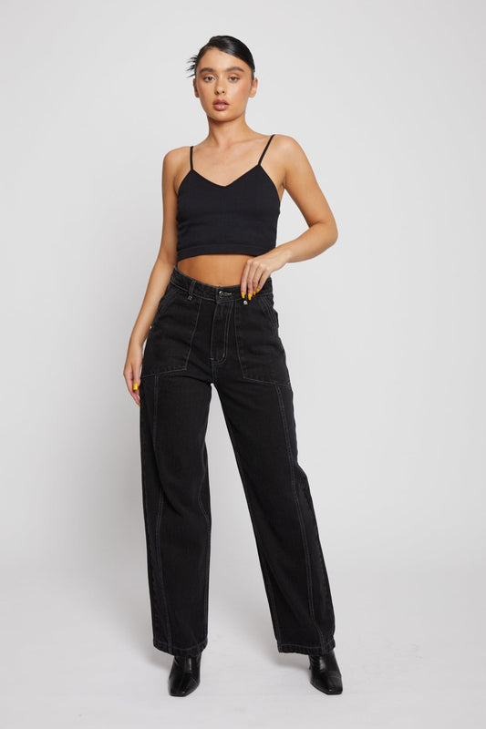 WIDE LEG CONTRAST STITCH JEANS - BLACK
