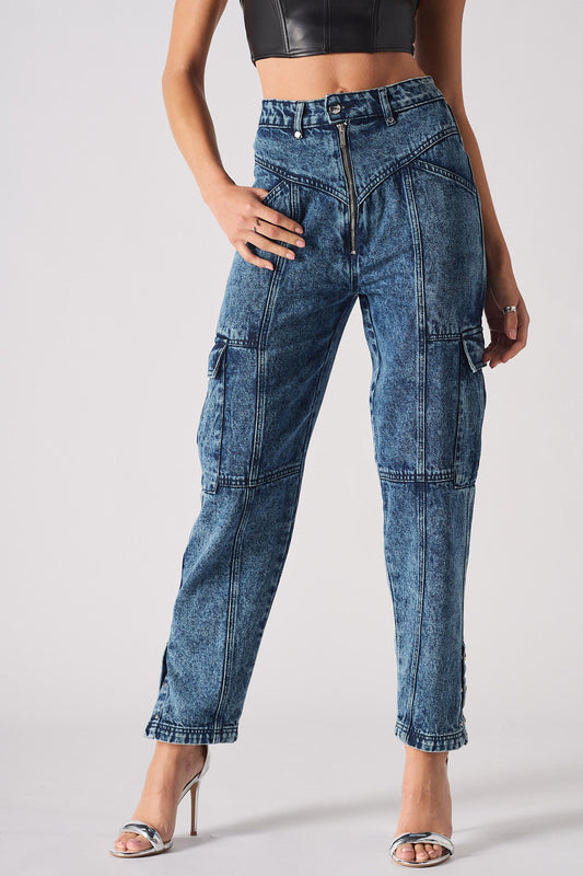 STRAIGHT LEG CARGO JEANS - BLUE