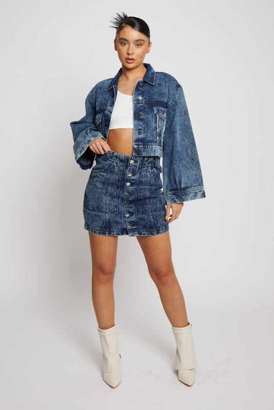 BLUE ACID WASH DENIM SKIRT- NAVY BLUE