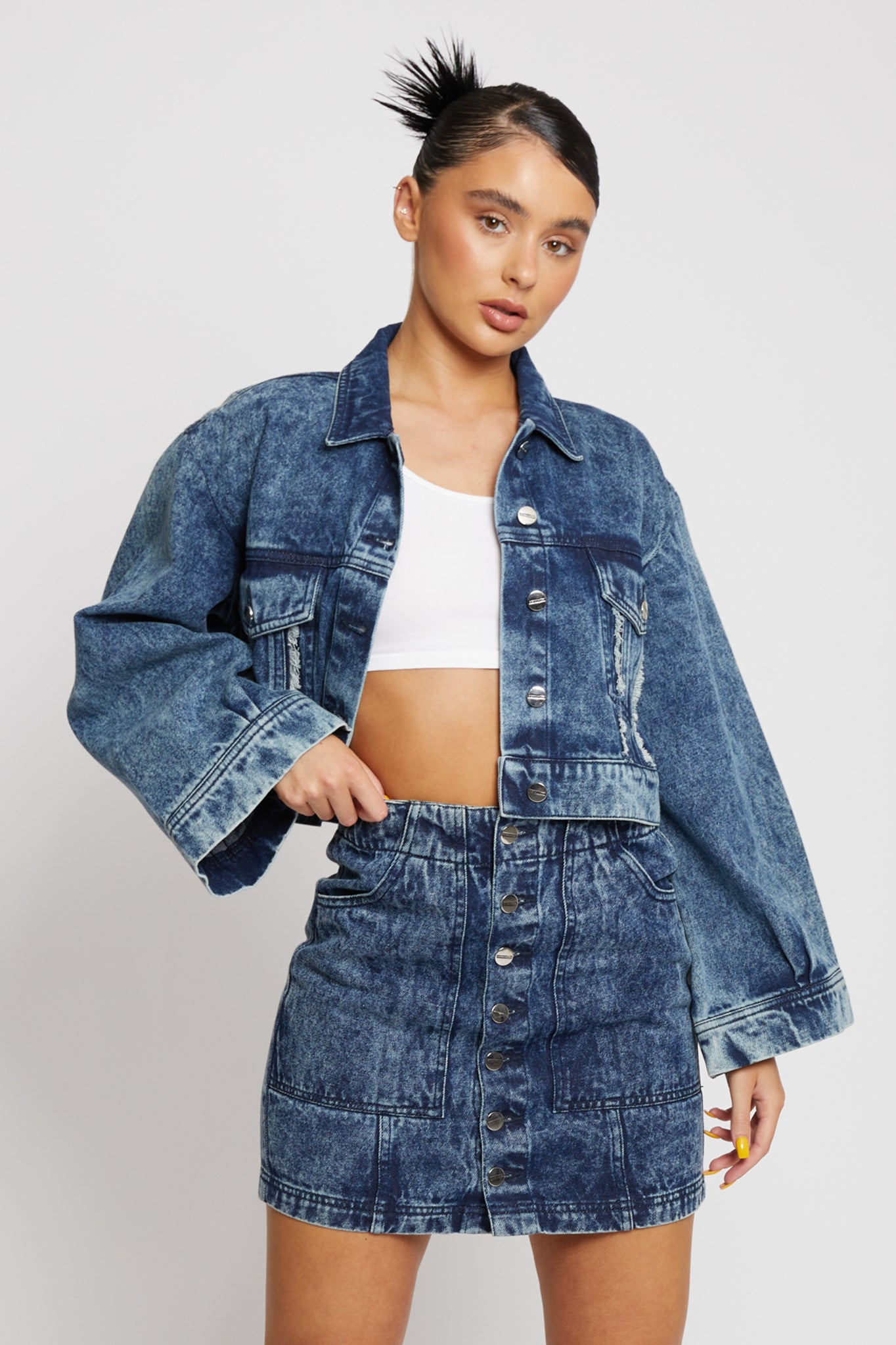 BLUE ACID WASH DENIM SKIRT- NAVY BLUE