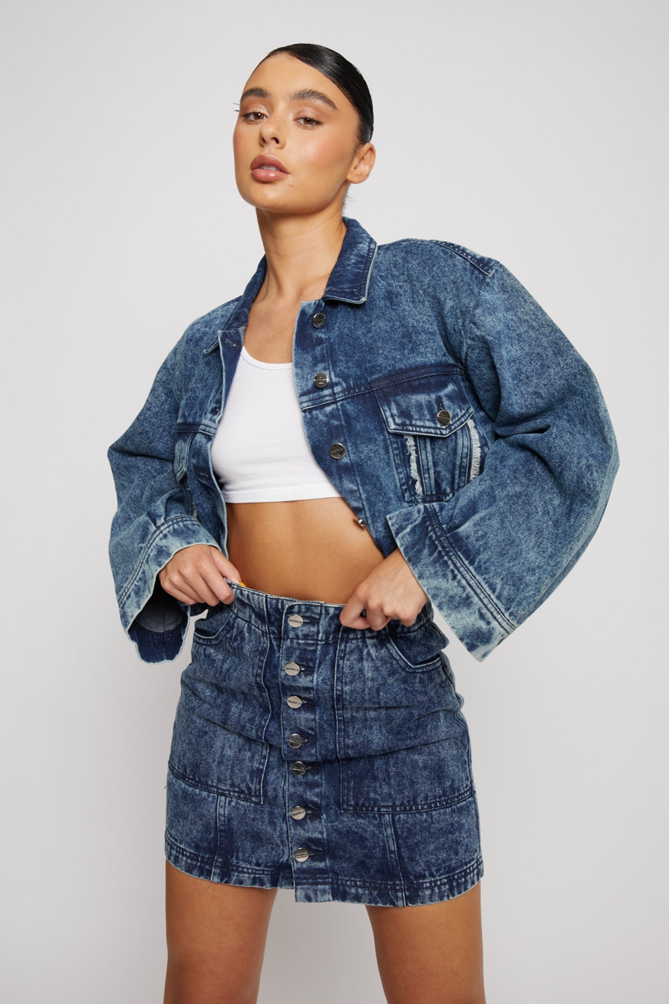 BLUE ACID WASH DENIM SKIRT- NAVY BLUE