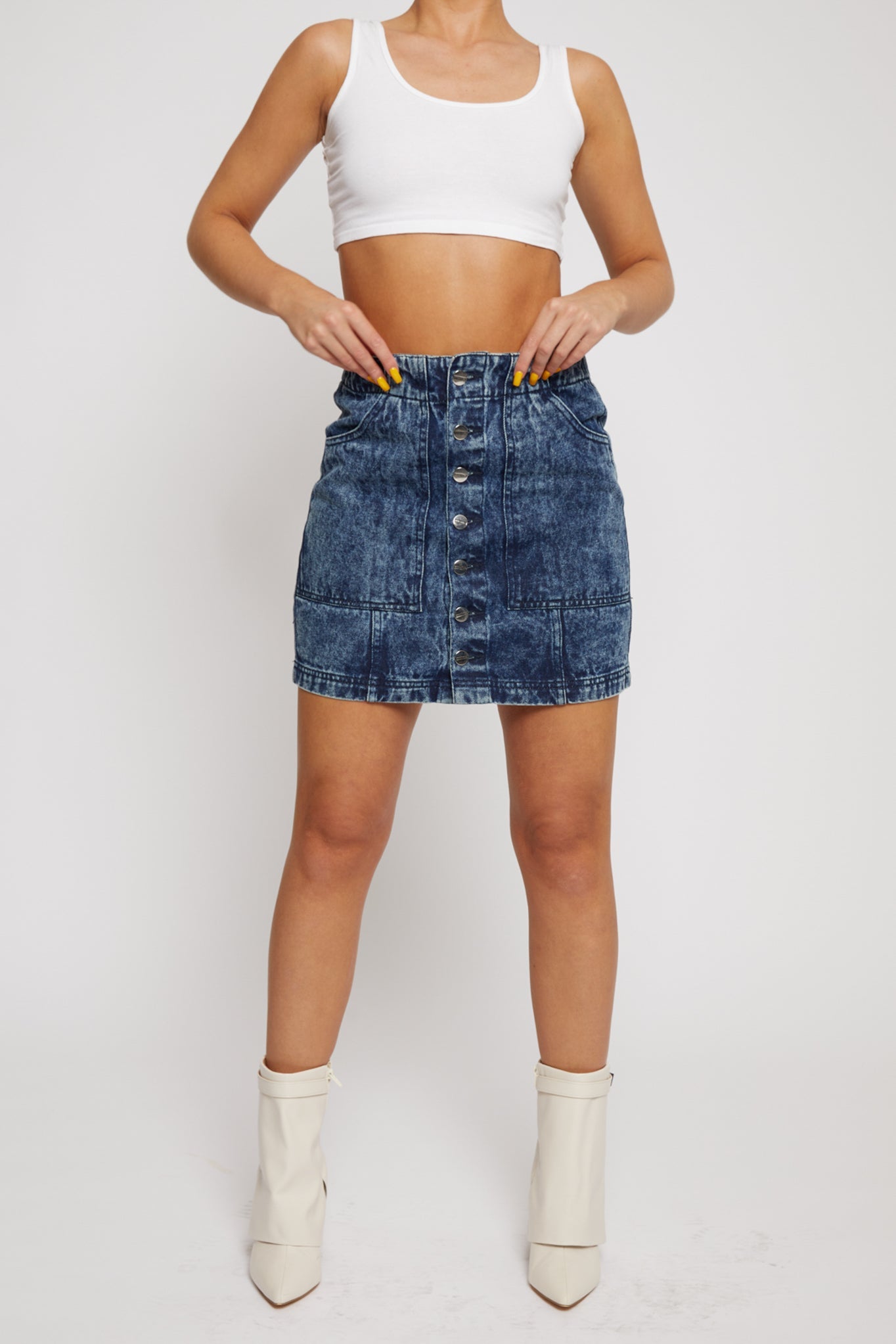 BLUE ACID WASH DENIM SKIRT- NAVY BLUE