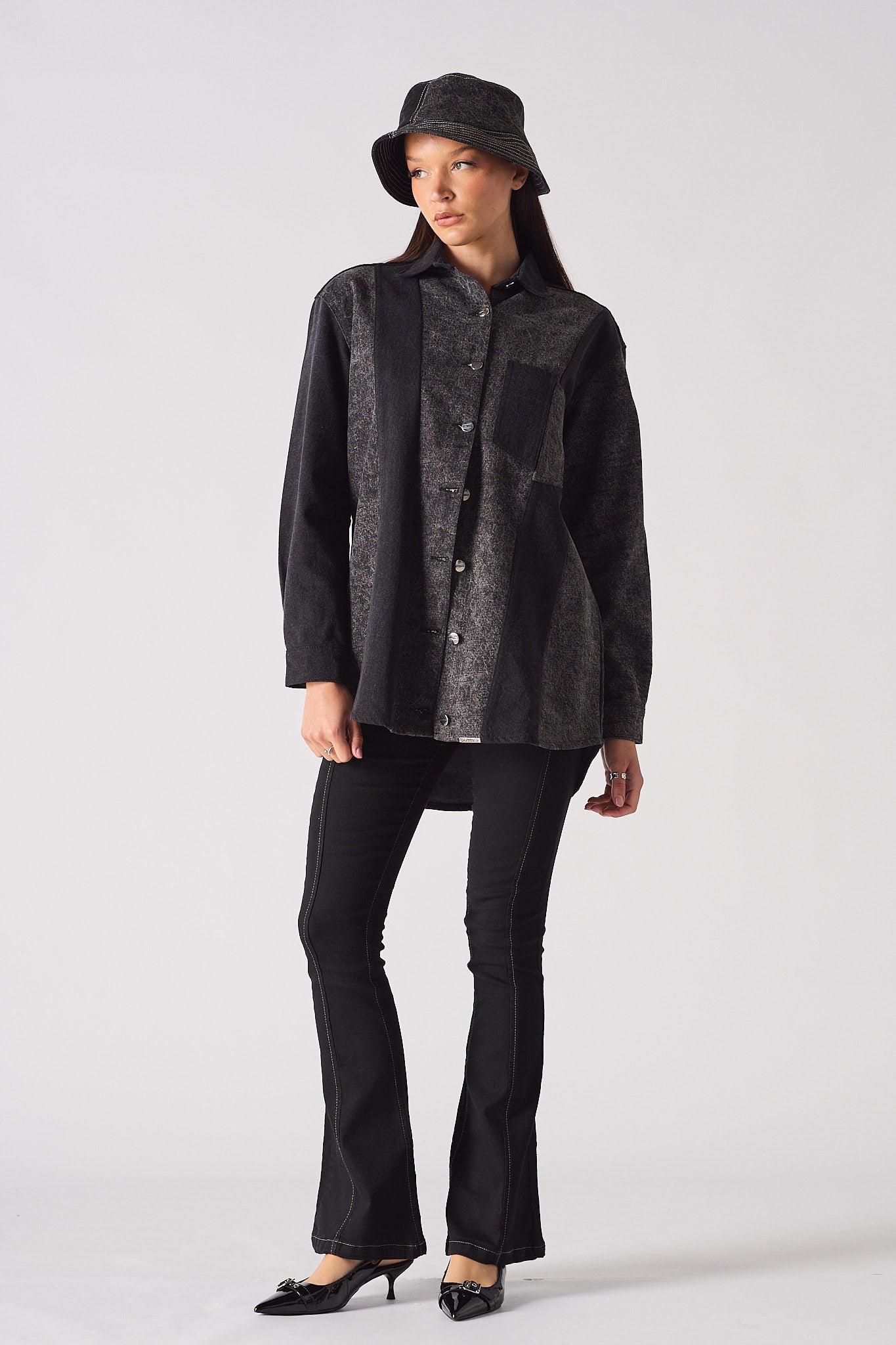 DENIM COTRAST SHIRT - BLACK ACID WASH
