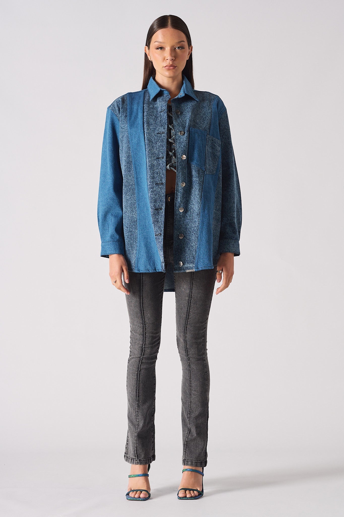 CONTRAST PANEL DENIM SHIRT - BLUE ACID WASH