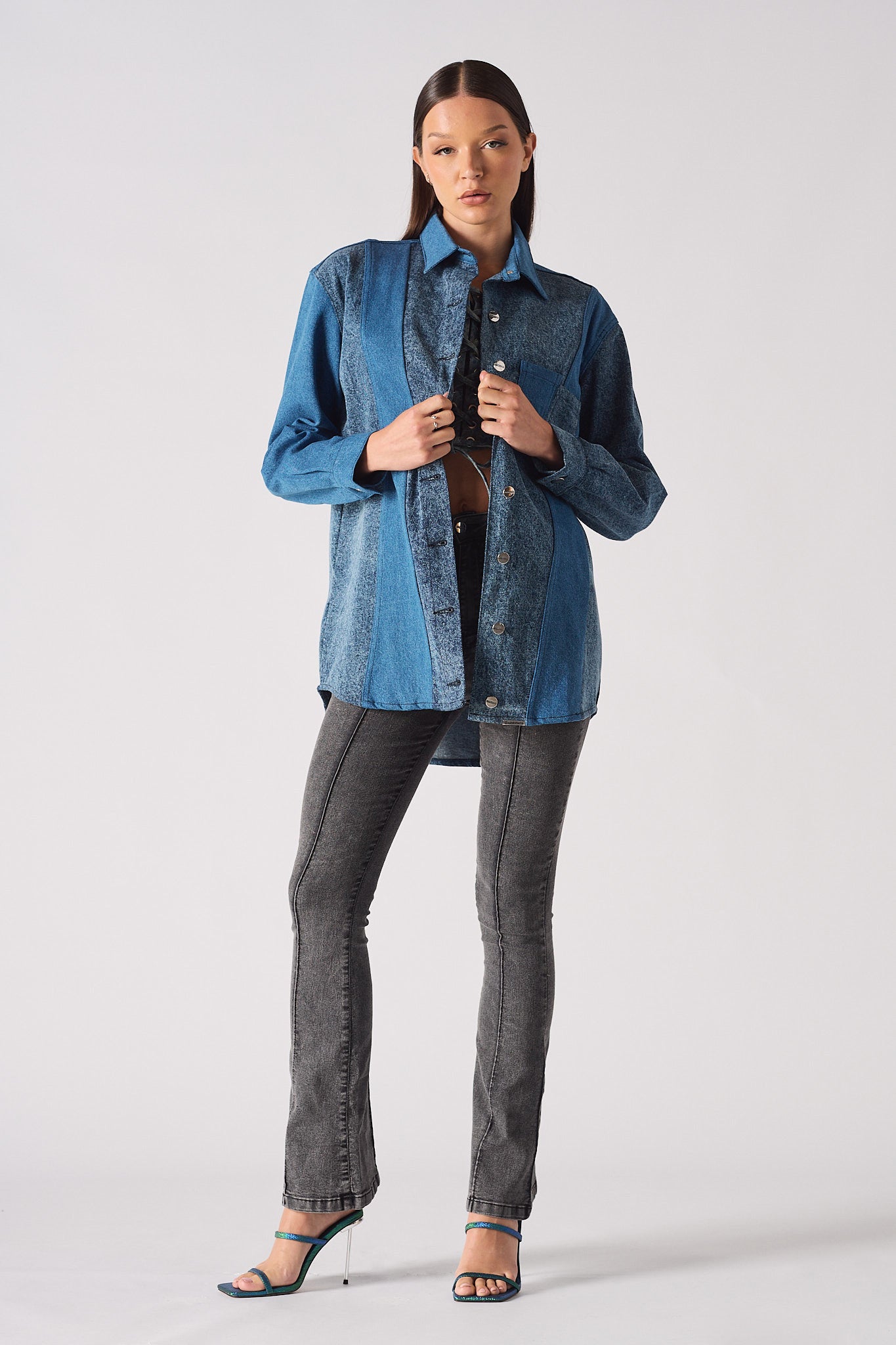 CONTRAST PANEL DENIM SHIRT - BLUE ACID WASH