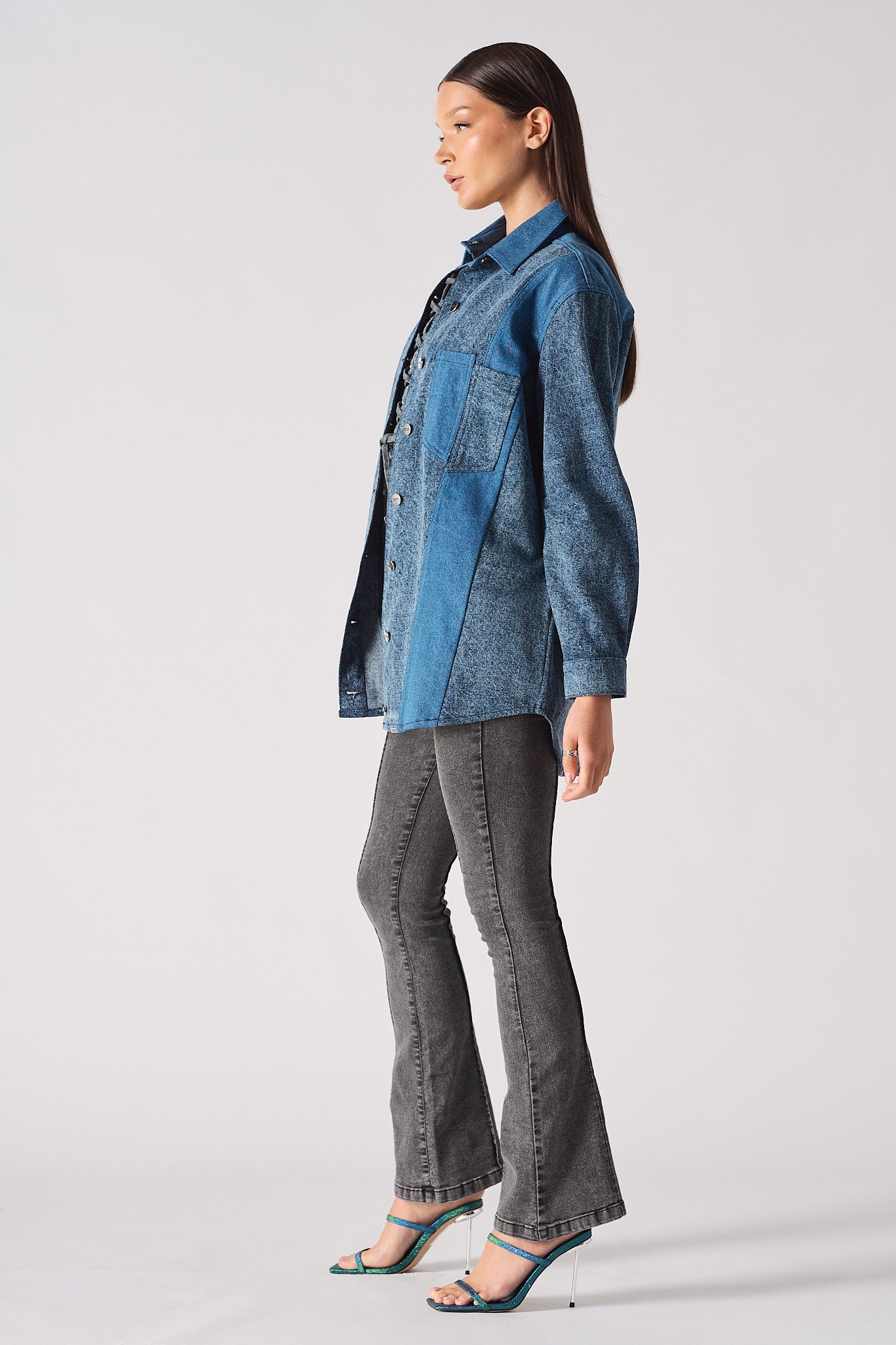 CONTRAST PANEL DENIM SHIRT - BLUE ACID WASH