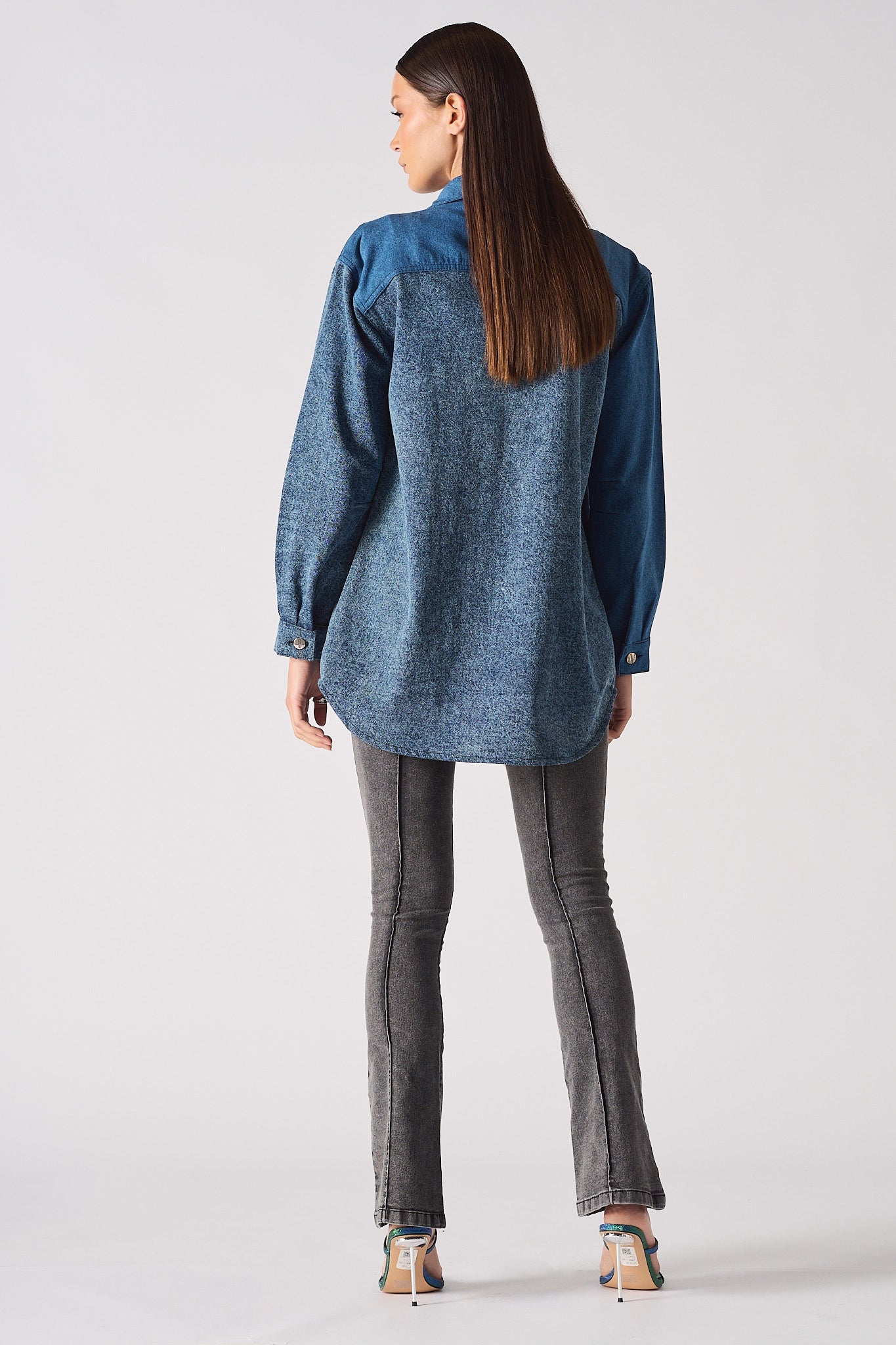 CONTRAST PANEL DENIM SHIRT - BLUE ACID WASH