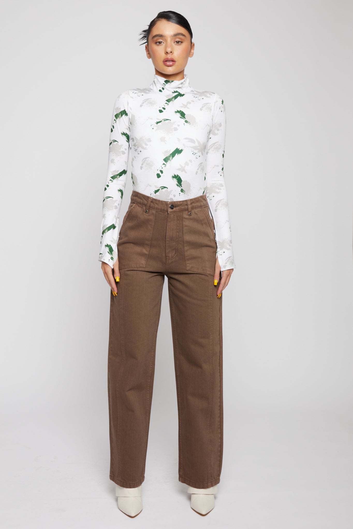 HIGH NECK PRINTED BODYSUIT - WHITE
