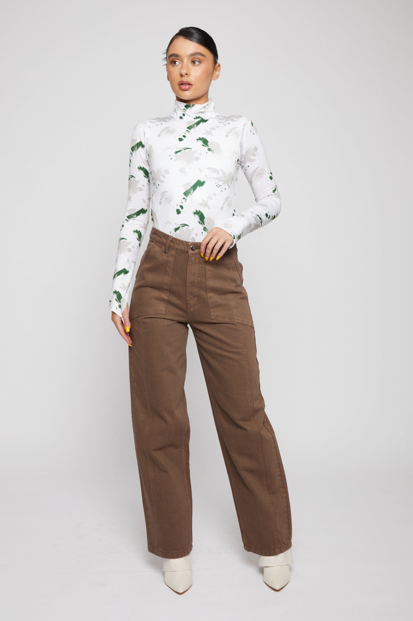 HIGH NECK PRINTED BODYSUIT - WHITE