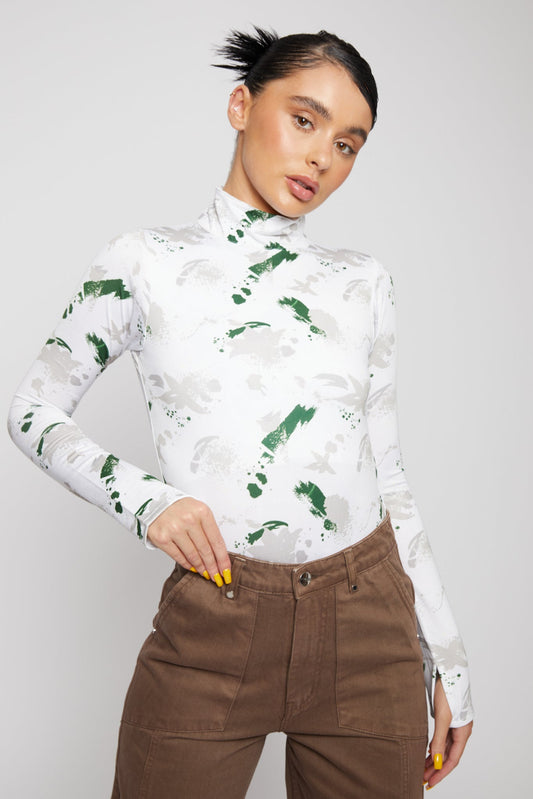 HIGH NECK PRINTED BODYSUIT - WHITE