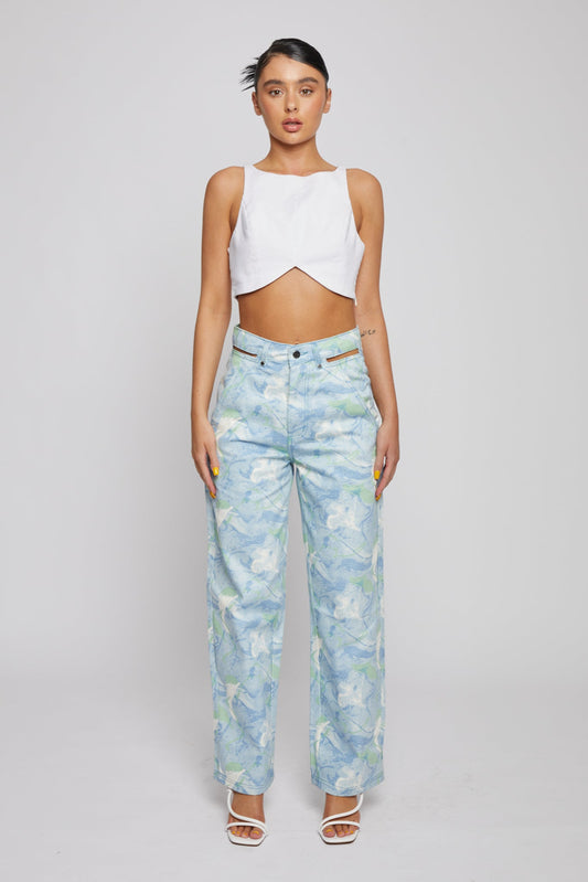 PRINTED STRAIGHT LEG JEANS - BLUE