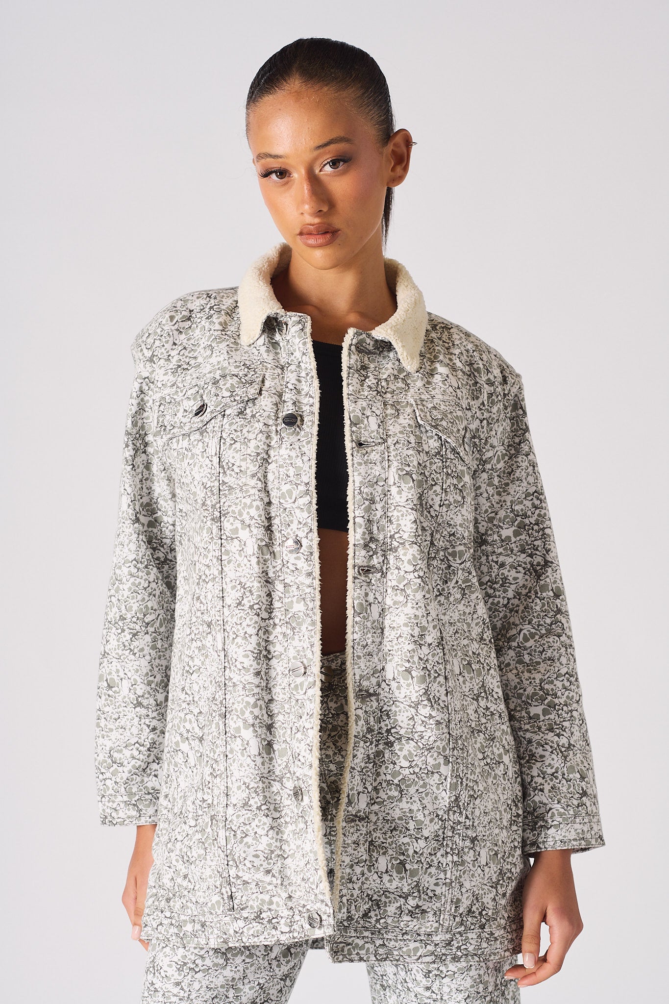 Sherpa printed Denim Jacket - Grey