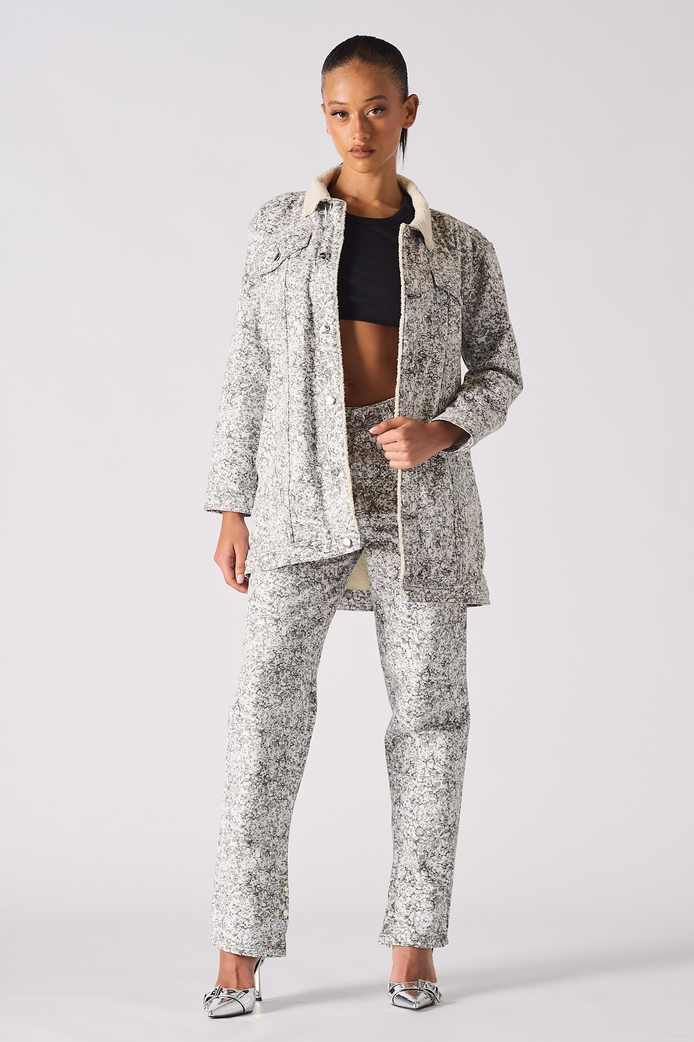 Sherpa printed Denim Jacket - Grey