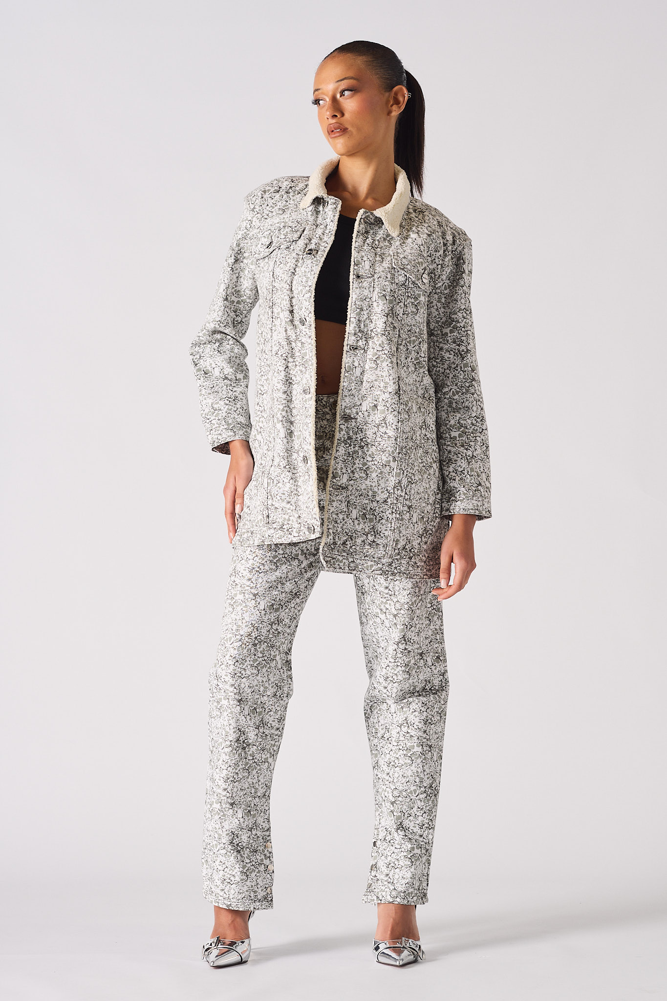 Sherpa printed Denim Jacket - Grey