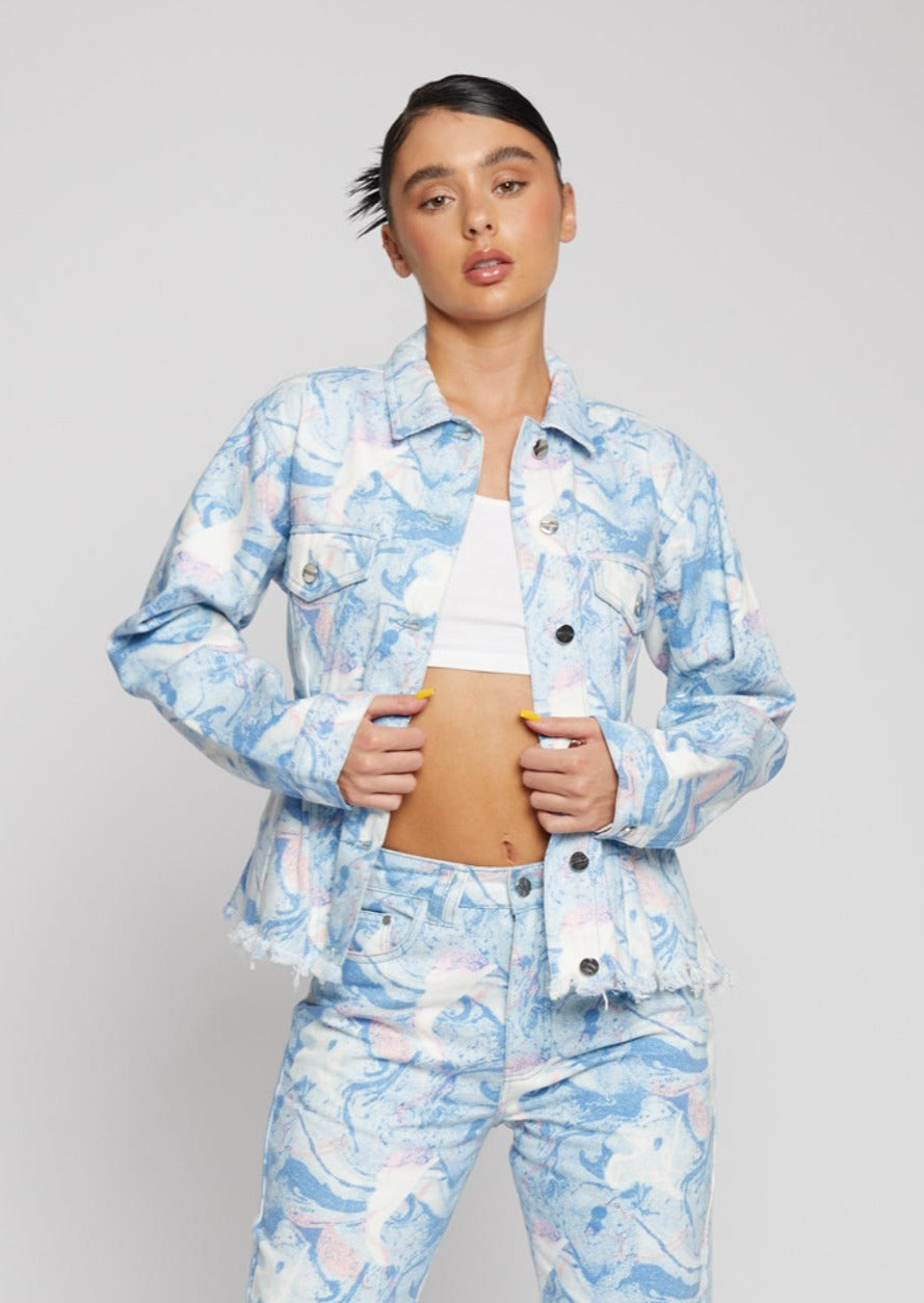 Marble Printed Denim Jacket - Blue
