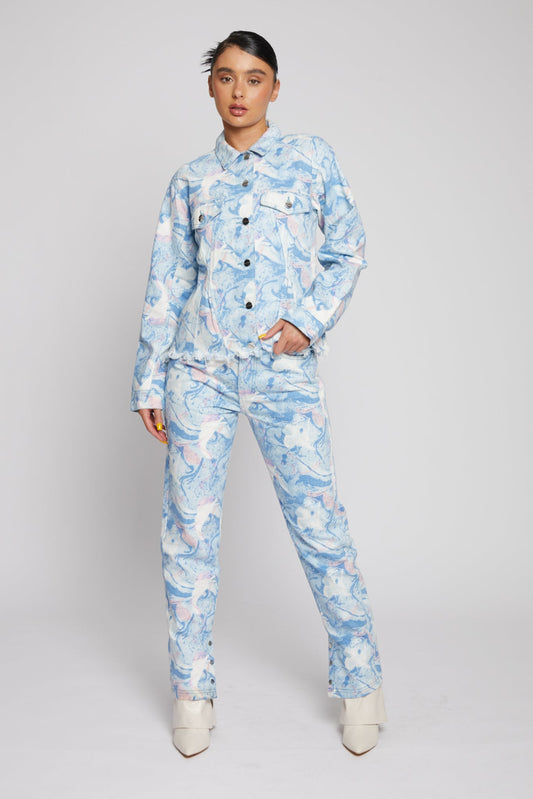 PRINTED STRAIGHT LEG JEANS - LIGHT BLUE