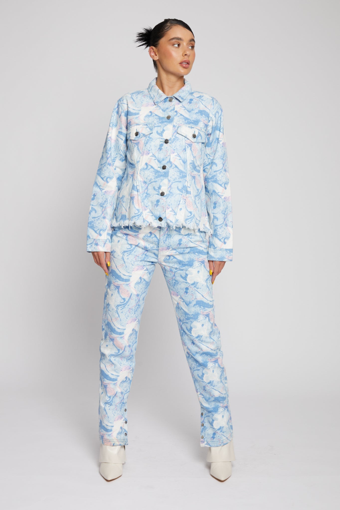 Marble Printed Denim Jacket - Blue
