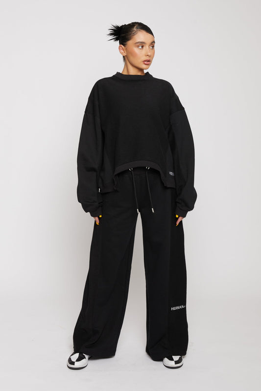 Contrast Wide Leg Joggers - Black