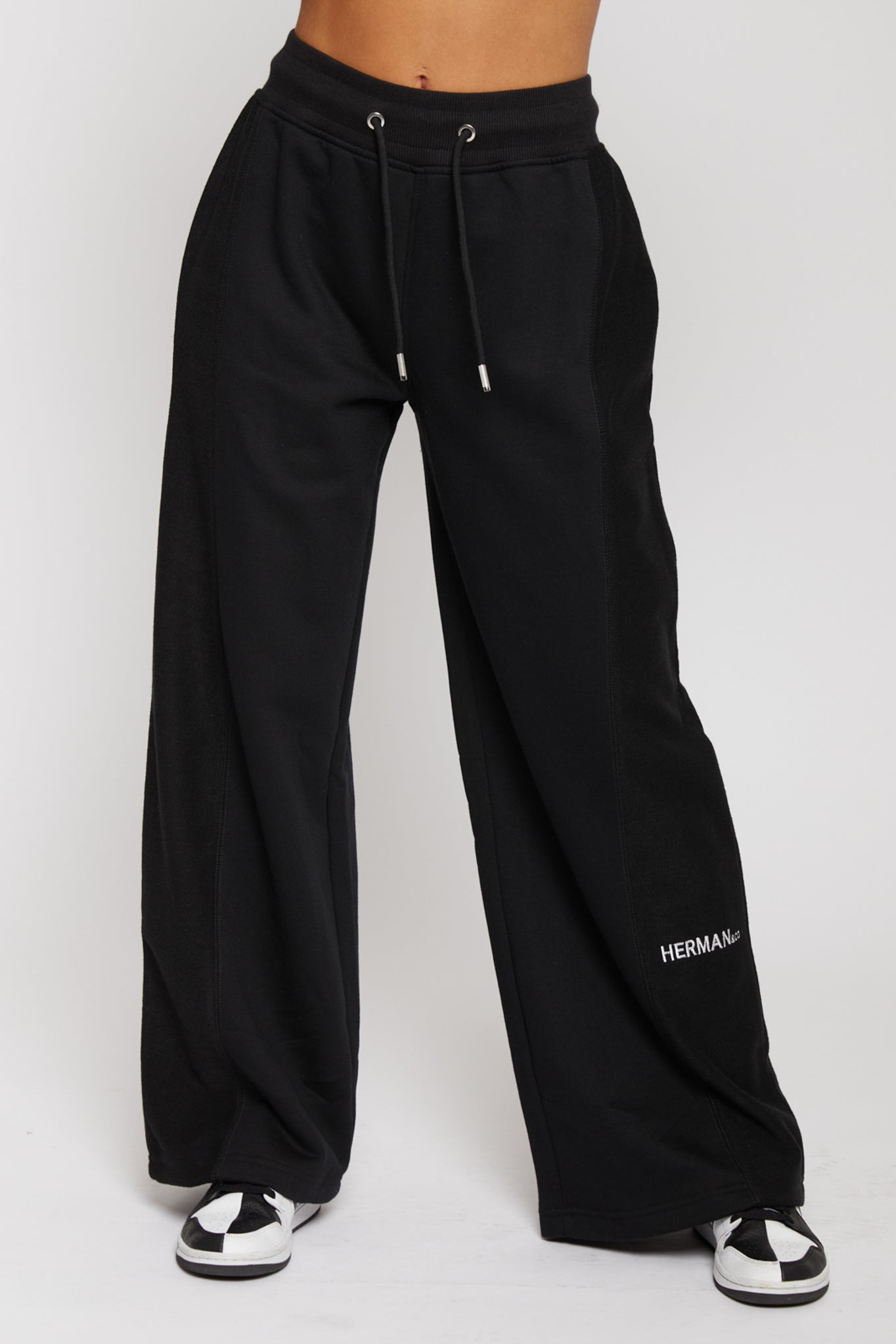 Contrast Wide Leg Joggers - Black